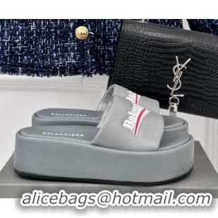 Shop Duplicate Balenciaga Logo Stripes Calfskin Platform Slide Sandals Grey 129028