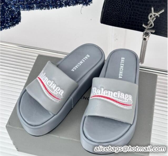 Shop Duplicate Balenciaga Logo Stripes Calfskin Platform Slide Sandals Grey 129028