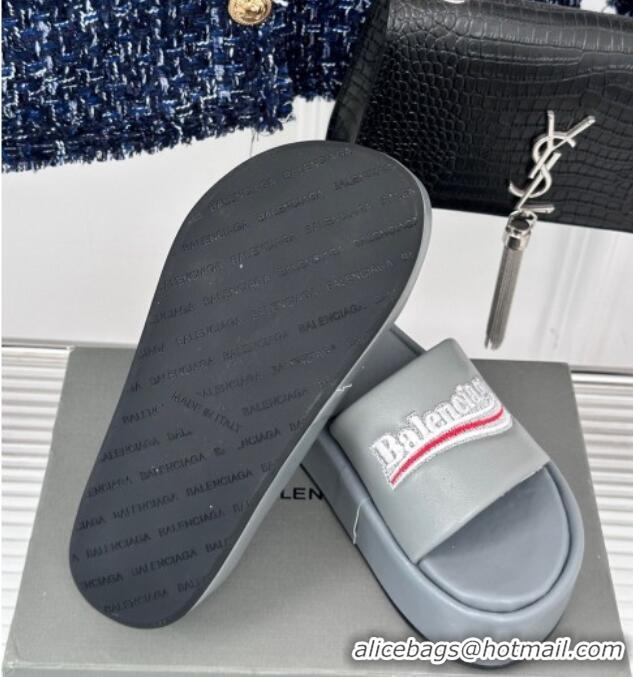 Shop Duplicate Balenciaga Logo Stripes Calfskin Platform Slide Sandals Grey 129028