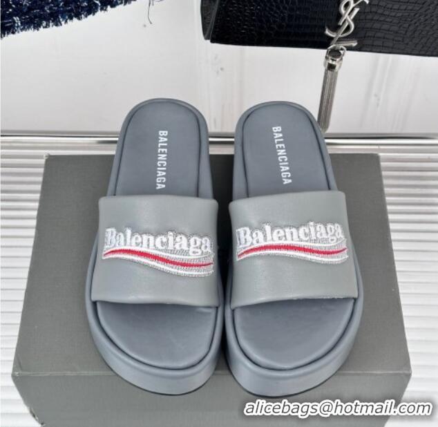 Shop Duplicate Balenciaga Logo Stripes Calfskin Platform Slide Sandals Grey 129028