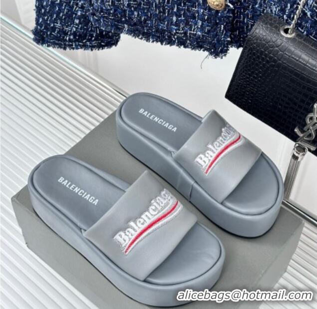 Shop Duplicate Balenciaga Logo Stripes Calfskin Platform Slide Sandals Grey 129028