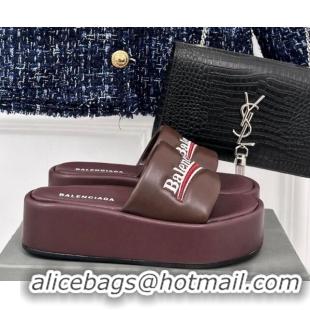 Buy Fashionable Balenciaga Logo Stripes Calfskin Platform Slide Sandals Burgundy 129029