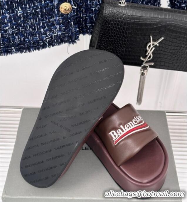 Buy Fashionable Balenciaga Logo Stripes Calfskin Platform Slide Sandals Burgundy 129029