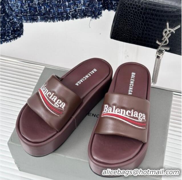 Buy Fashionable Balenciaga Logo Stripes Calfskin Platform Slide Sandals Burgundy 129029