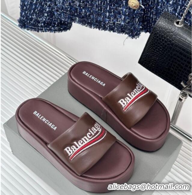 Buy Fashionable Balenciaga Logo Stripes Calfskin Platform Slide Sandals Burgundy 129029