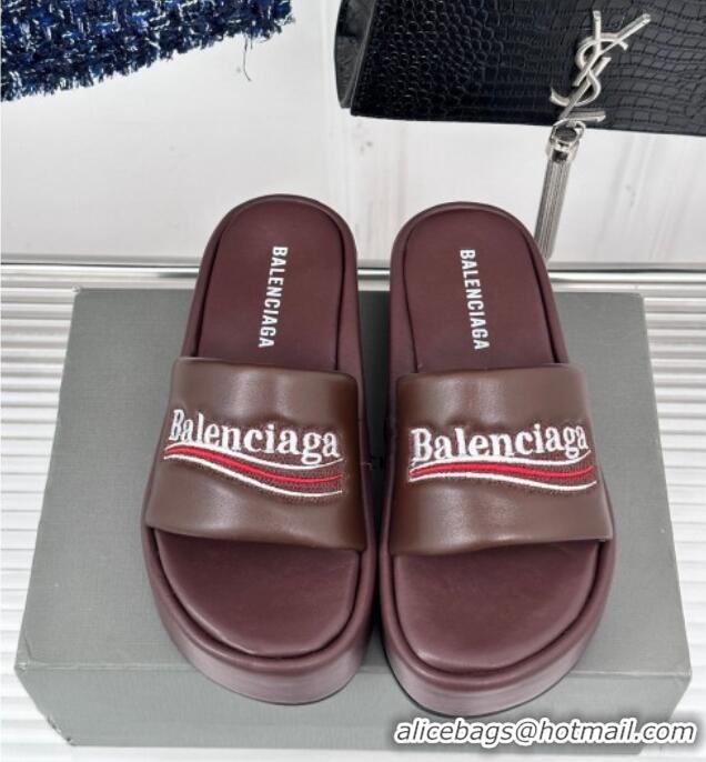 Buy Fashionable Balenciaga Logo Stripes Calfskin Platform Slide Sandals Burgundy 129029