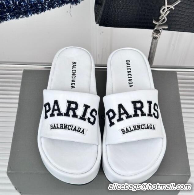 Luxury Cheap Balenciaga PARIS Calfskin Platform Slide Sandals White 129030