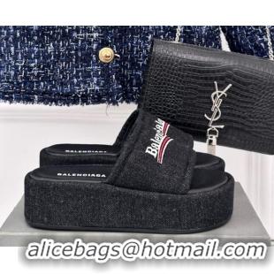 Discount Balenciaga Logo Stripes Denim Platform Slide Sandals Black 129031