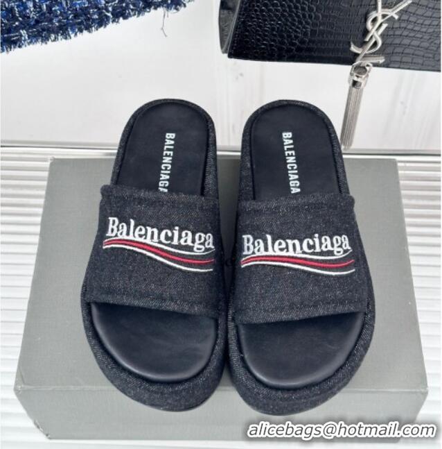 Discount Balenciaga Logo Stripes Denim Platform Slide Sandals Black 129031