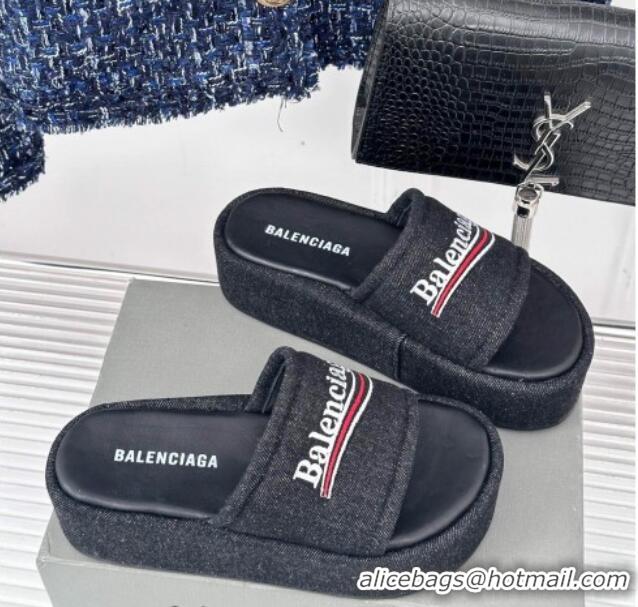 Discount Balenciaga Logo Stripes Denim Platform Slide Sandals Black 129031