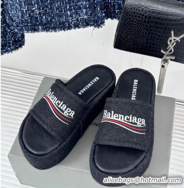 Discount Balenciaga Logo Stripes Denim Platform Slide Sandals Black 129031