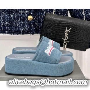 Top Grade Balenciaga Logo Stripes Denim Platform Slide Sandals Light Blue 129032