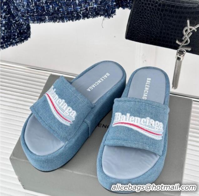 Top Grade Balenciaga Logo Stripes Denim Platform Slide Sandals Light Blue 129032