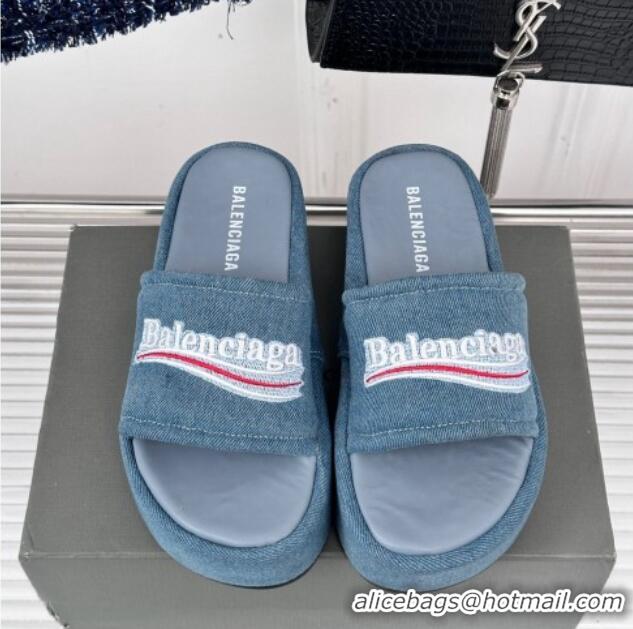 Top Grade Balenciaga Logo Stripes Denim Platform Slide Sandals Light Blue 129032