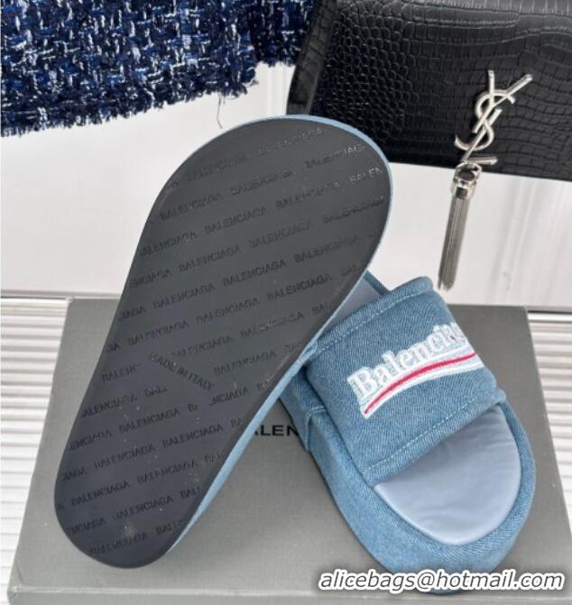 Top Grade Balenciaga Logo Stripes Denim Platform Slide Sandals Light Blue 129032