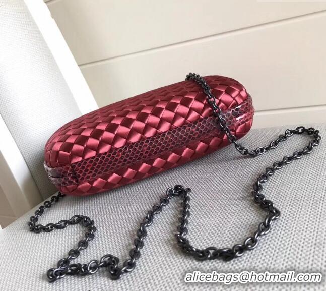 Unique Grade Bottega Veneta Small Silk Woven Knot Clutch with Snakeskin BV8651 Trim Dark Purple 2023