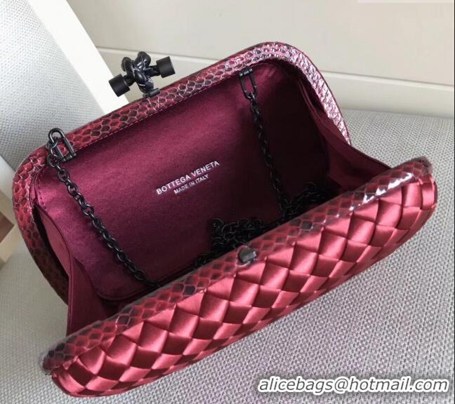 Unique Grade Bottega Veneta Small Silk Woven Knot Clutch with Snakeskin BV8651 Trim Dark Purple 2023