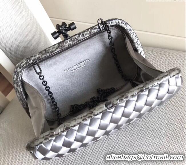 Affordable Price Bottega Veneta Small Silk Woven Knot Clutch with Snakeskin BV8651 Trim White 2023