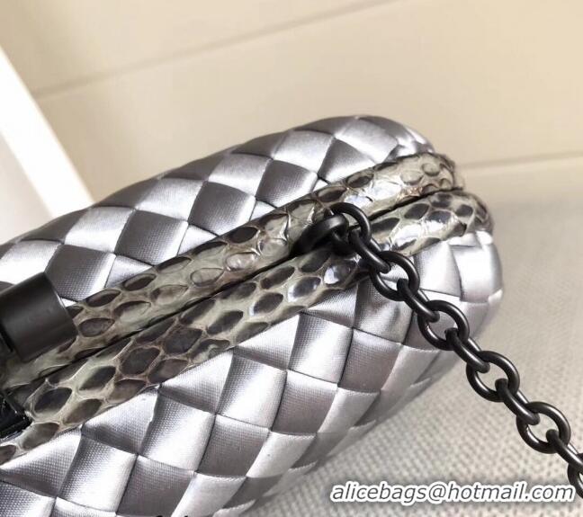 Affordable Price Bottega Veneta Small Silk Woven Knot Clutch with Snakeskin BV8651 Trim White 2023