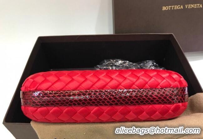 Famous Brand Bottega Veneta Small Silk Woven Knot Clutch with Snakeskin BV8651 Trim Red 2023