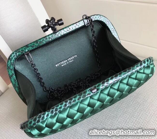 Unique Grade Bottega Veneta Small Silk Woven Knot Clutch with Snakeskin BV8651 Trim Green 2023