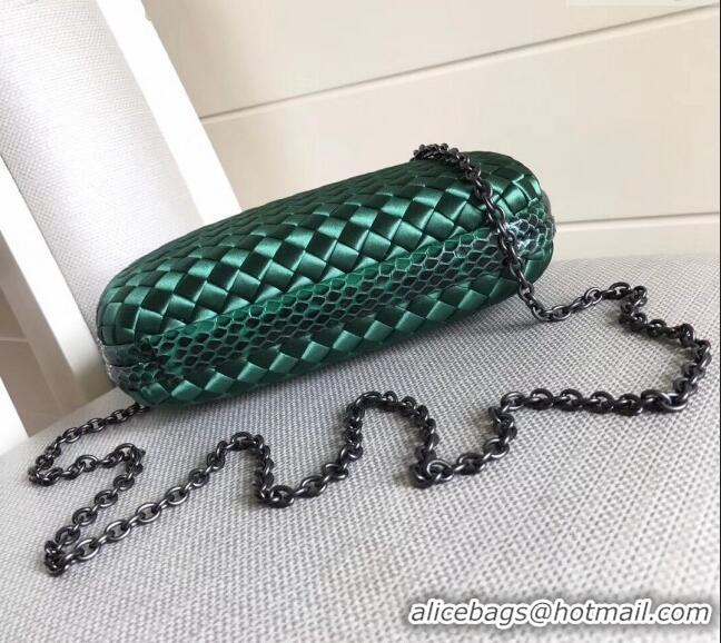 Unique Grade Bottega Veneta Small Silk Woven Knot Clutch with Snakeskin BV8651 Trim Green 2023