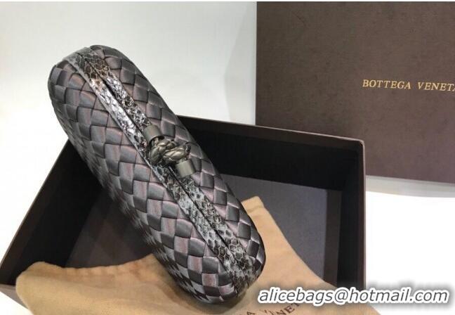 Famous Brand Bottega Veneta Small Silk Woven Knot Clutch with Snakeskin BV8651 Trim Grey 2023