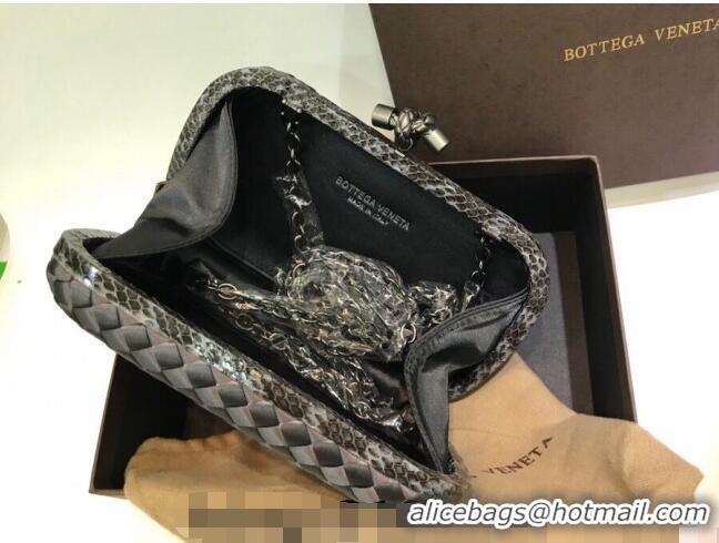 Famous Brand Bottega Veneta Small Silk Woven Knot Clutch with Snakeskin BV8651 Trim Grey 2023