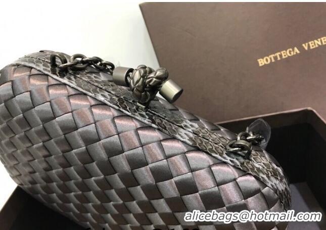 Famous Brand Bottega Veneta Small Silk Woven Knot Clutch with Snakeskin BV8651 Trim Grey 2023