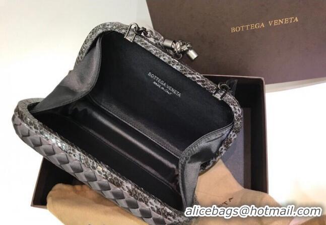 Famous Brand Bottega Veneta Small Silk Woven Knot Clutch with Snakeskin BV8651 Trim Grey 2023