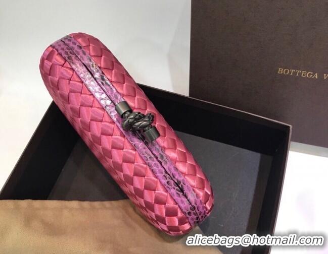 New Fashion Bottega Veneta Small Silk Woven Knot Clutch with Snakeskin BV8651 Trim Dark Pink 2023