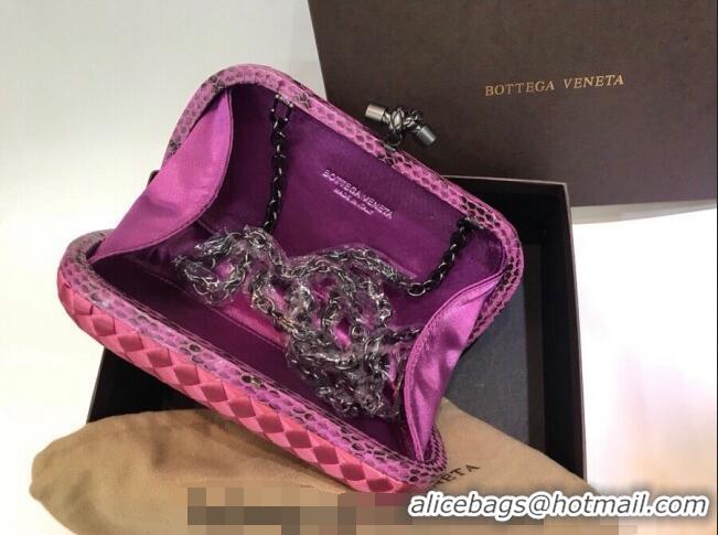 New Fashion Bottega Veneta Small Silk Woven Knot Clutch with Snakeskin BV8651 Trim Dark Pink 2023