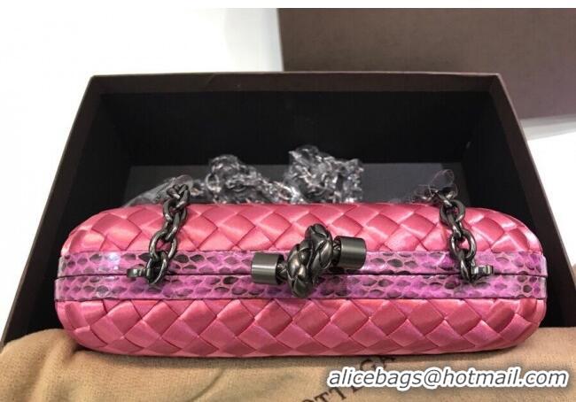 New Fashion Bottega Veneta Small Silk Woven Knot Clutch with Snakeskin BV8651 Trim Dark Pink 2023