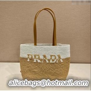 Buy Fashionable Prada Raffia Straw and Leather Tote Bag 1BG454 Tan Brown/White 2023