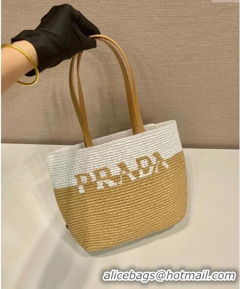 Buy Fashionable Prada Raffia Straw and Leather Tote Bag 1BG454 Tan Brown/White 2023