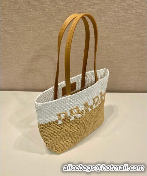 Buy Fashionable Prada Raffia Straw and Leather Tote Bag 1BG454 Tan Brown/White 2023