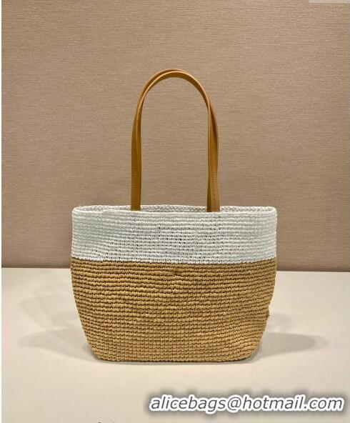 Buy Fashionable Prada Raffia Straw and Leather Tote Bag 1BG454 Tan Brown/White 2023