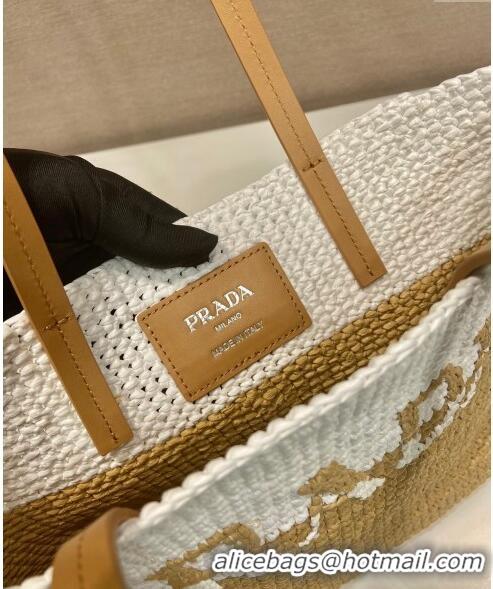 Buy Fashionable Prada Raffia Straw and Leather Tote Bag 1BG454 Tan Brown/White 2023