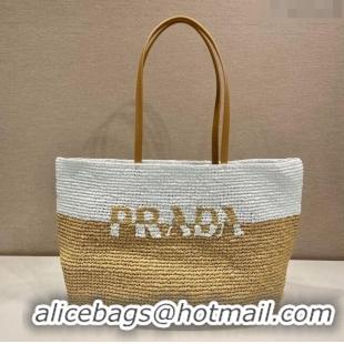 Well Crafted Prada Raffia Straw and Leather Tote Bag 1BG442 Tan Brown/White 2023