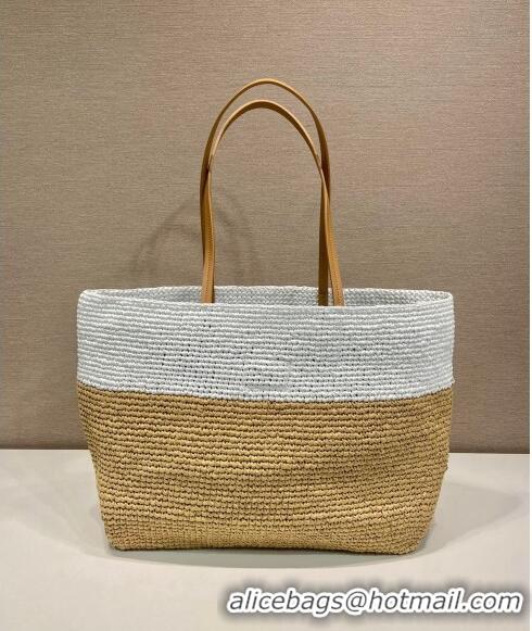 Well Crafted Prada Raffia Straw and Leather Tote Bag 1BG442 Tan Brown/White 2023