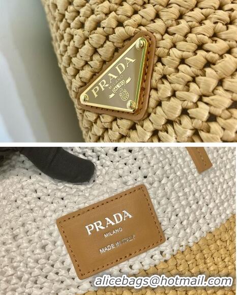 Well Crafted Prada Raffia Straw and Leather Tote Bag 1BG442 Tan Brown/White 2023