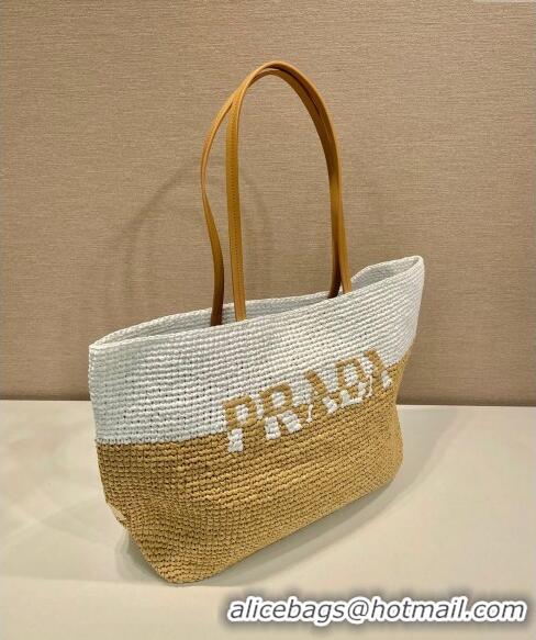 Well Crafted Prada Raffia Straw and Leather Tote Bag 1BG442 Tan Brown/White 2023