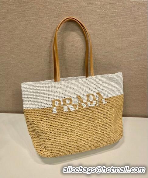 Well Crafted Prada Raffia Straw and Leather Tote Bag 1BG442 Tan Brown/White 2023