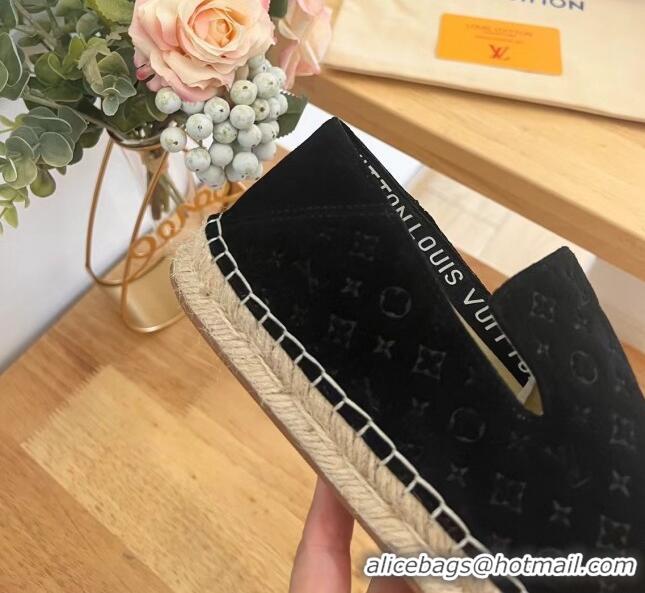 Pretty Style Louis Vuitton Starboard Flat Espadrilles in Monogram Velvet Black 125083