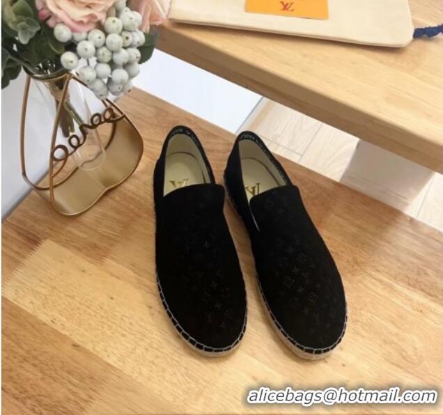 Pretty Style Louis Vuitton Starboard Flat Espadrilles in Monogram Velvet Black 125083