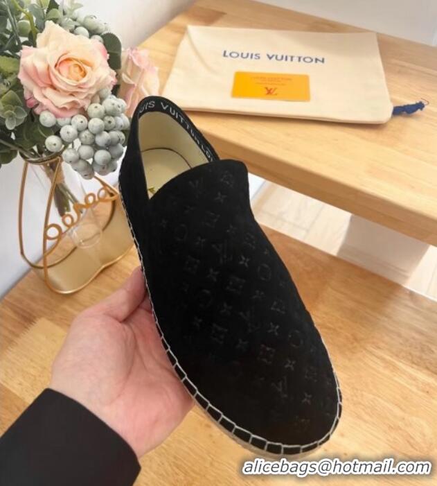 Pretty Style Louis Vuitton Starboard Flat Espadrilles in Monogram Velvet Black 125083