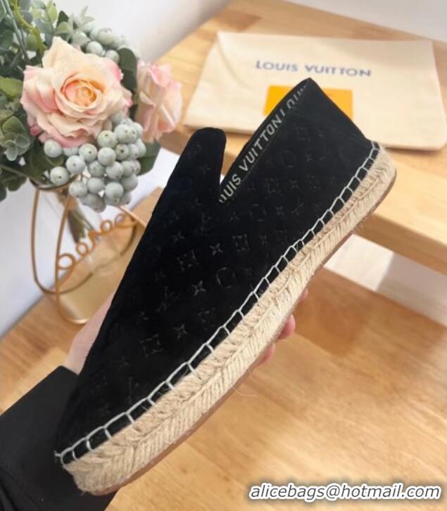 Pretty Style Louis Vuitton Starboard Flat Espadrilles in Monogram Velvet Black 125083