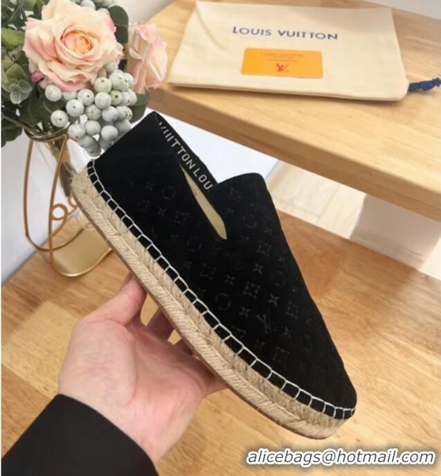 Pretty Style Louis Vuitton Starboard Flat Espadrilles in Monogram Velvet Black 125083