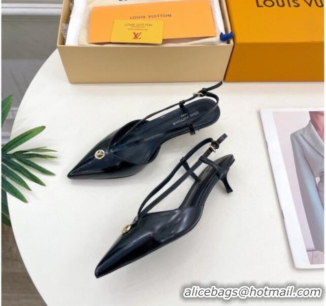 Low Price Louis Vuitton Stellar Slingback Pumps 4cm in Glazed Leather Black 127001