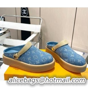 Best Price Louis Vuitton Aspen Platform Clog Platform Mules in Light Blue Monogram Denim 127027